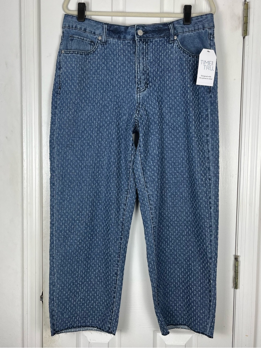 NWT Time and Tru The Straight Crop Denim Tweed Jeans Sz 14 High Rise Raw Hem
